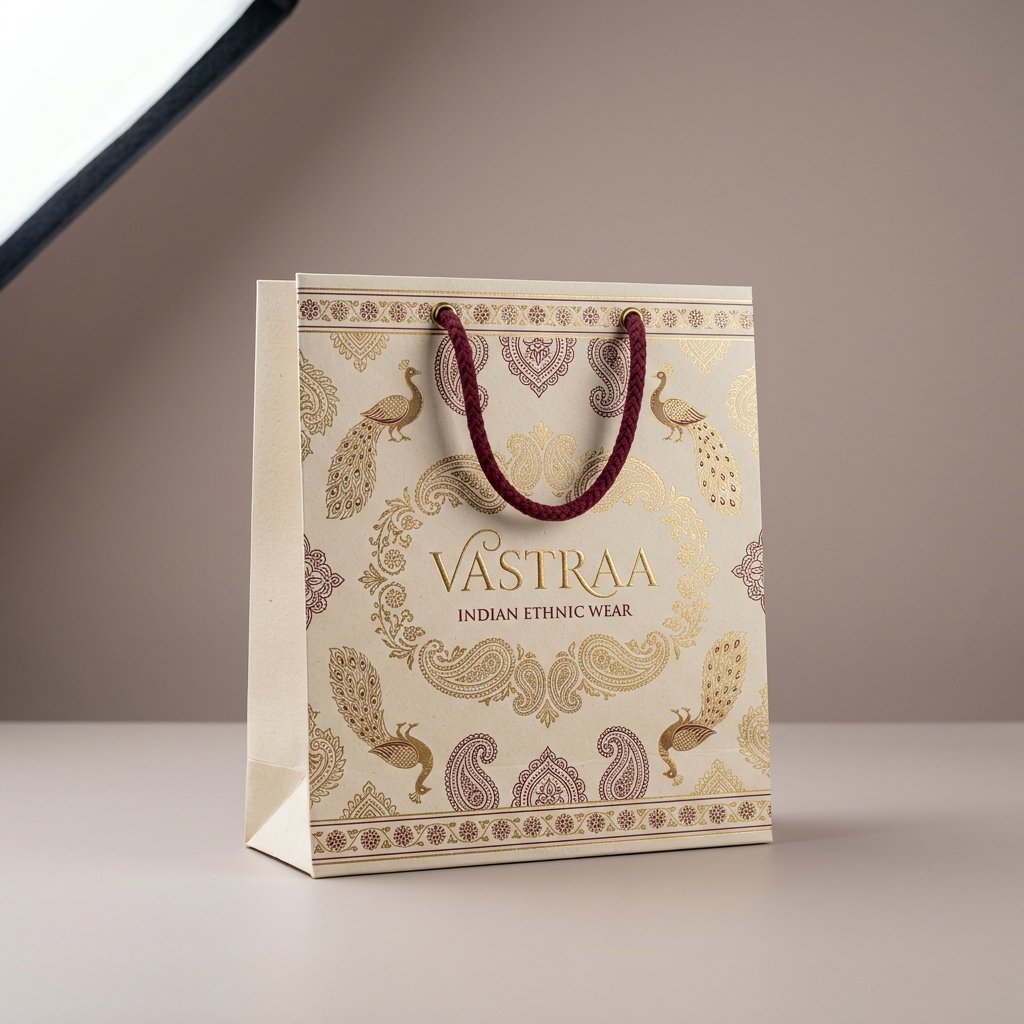 Premium paper shopping bag with Indian ethnic wear brand logo
