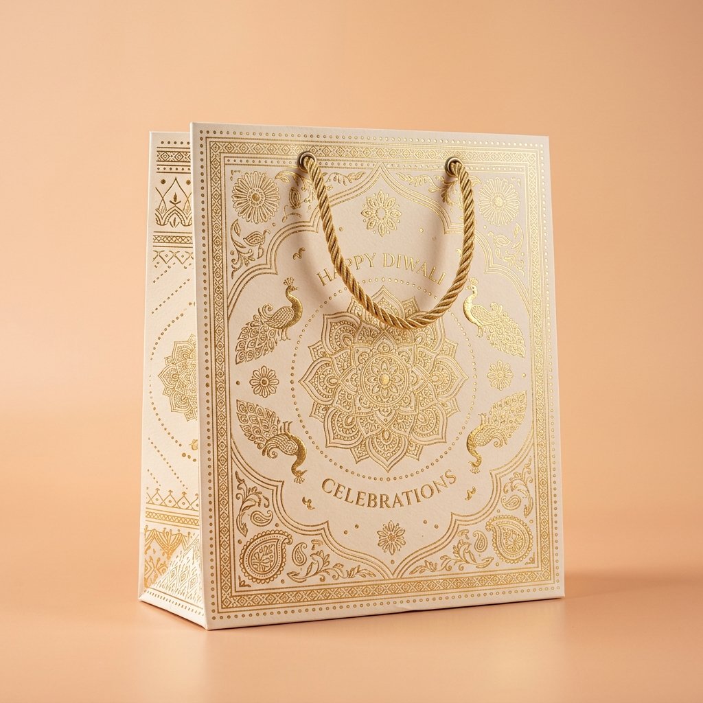 Elegant custom printed gift bag with Indian festive luxury designs and gold foil